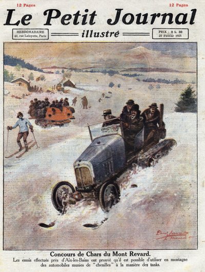 Innovation on cars in the mountains, tracks are placed on the wheels avoiding skidding. Illustration taken from 
