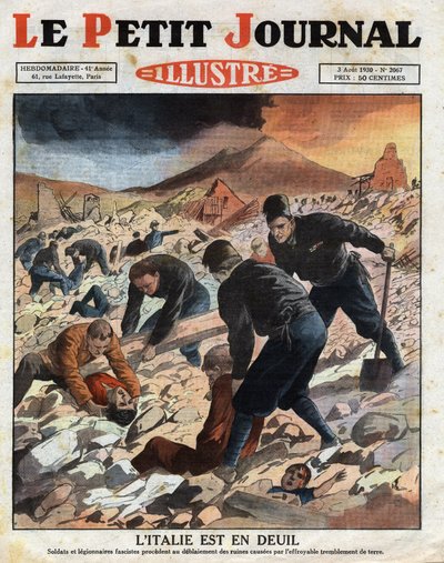 Italy is in mourning: soldiers and fascist legionaries proceed to unravel the ruins caused by the appalling earthquake east of Naples. Engraving. One of the newspaper 