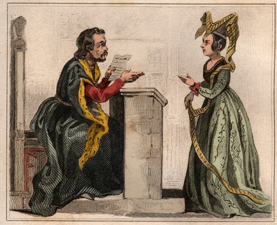 Jehan Pastoret, President of the Paris Parliament under the reign of Charles V with a noble woman, wearing a liripion. Engraving from 1859 in 