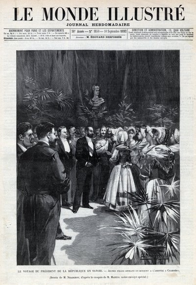 Journey of Sadi Carnot (1837-1894) to Savoy: the President of the Republic is welcomed in Chambery by young girls offering him a bouquet of flowers. Engraving in Le monde illustree of 1892. Private collection by Anonymous Anonymous