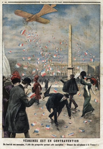 Jules Charles Toussaint Vedrines Throwing Leaflets from His Monoplane - Engraving in 
