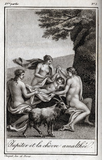 Jupiter child fed by the goat Amalthee. Engraving from 1819 in 