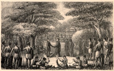 King Lebuschi welcomes Henri Depelchin, Jesuit missionary and first superior of the Upper Zambeze mission in Africa. Engraving in 