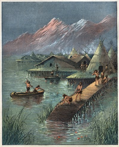 Lake Village, Prehistoric Lake City (Village built on stilts). Engraving from 1892. by Anonymous Anonymous