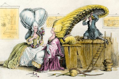 Large eccentric hairstyles: young women of the nobility styled by a wig. Engraving from 1788 by Anonymous Anonymous