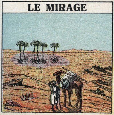 Light refraction: mirage. Atmospheric refraction gives the illusion of an oasis appearing in a desert. Anonymous illustration from 1925. Private collection. by Anonymous Anonymous
