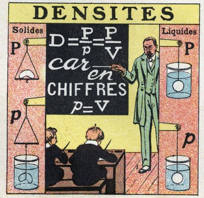 Liquid balance: a teacher teaching solid density and liquid density has students in a classroom. Anonymous illustration from 1925. Private collection. by Anonymous Anonymous