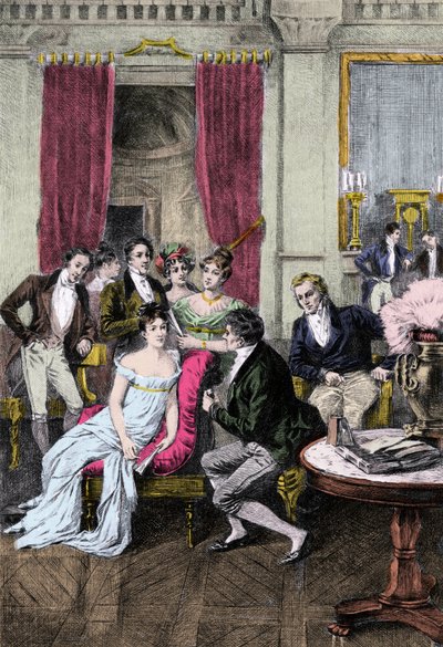 Literary Salon: Around Madame Recamier - Madame Juliette Recamier (1777-1849) surrounded by literary and political personalities: Charles Nodier (1780-1844), Francois Rene Viscount de Chateaubriand (1768-1848), Sophie Gay (1776-1852), Benjamin Constant by Anonymous Anonymous