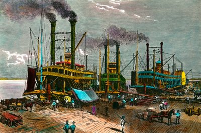 Loading cotton on steam boats on Mississippi for New Orleans. Engraving of the 19th century. Private collection by Anonymous Anonymous