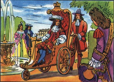 Louis XIV has the promenade, the King of France Louis XIV (1638-1715), sitting on a wheelchair, walking in the park of Versailles. Anonymous illustration in Collection des souverains et chefs d
