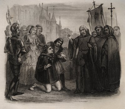 Louis XI (1423-1483) asking for his healing to Francois de Paule (1416-1507). Engraving of 1846 in 