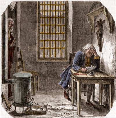 Louis XVI (1754-93) Reading his Last Will and Testament in the Temple 1792 - Louis XVI reading his will in the tower of the Temple on 25 December 1792 - Engraving in Histoire des Girondins by Alphonse de Lamartine (1790-1869) 1865-1866 - Private collection by Anonymous Anonymous
