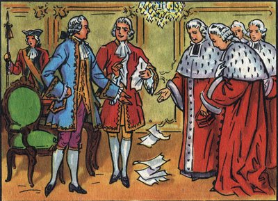 Louis XV, King of France, breaks down the rulings of the parliament. Anonymous illustration in 
