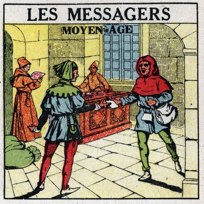 Mail: Messengers in the Middle Ages. Anonymous illustration of 1925. Private collection. by Anonymous Anonymous