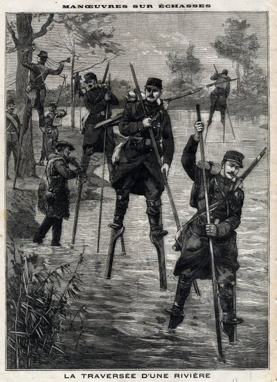 Maneuvers on stilts: the crossing of a river by the French military to Mont-de-Marsan guided by the Landes stilt walkers to establish a telegraphic line. Engraving. In 