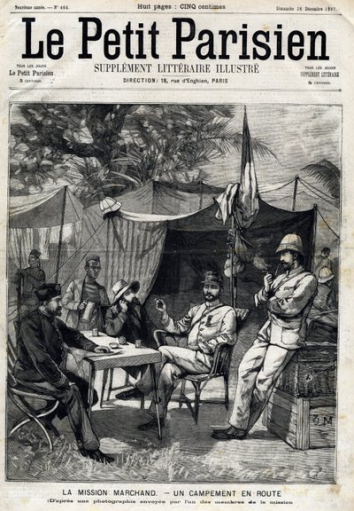 Marchand Mission Camp: Jean-Baptiste Marchand (1863-1934), Captain Baratier on his left and Lieutenant Victor Emmanuel Largeau (1867-1916) and Captain Germain on his right. In Le Petit Parisien on 26/12/1897 by Anonymous Anonymous