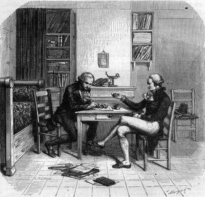 Maximilien de Robespierre 1758-1794, French politician, Member of the Committee of Public Safety with Maurice Duplay in his room - Engraving in 