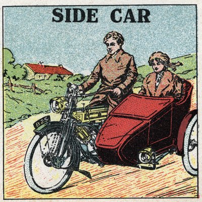 Mechanical traction: motorcycle sidecar. Anonymous illustration of 1925. Private collection. by Anonymous Anonymous