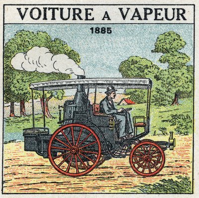 Mechanical traction: steam car of the Marquis Albert de Dion in 1885. Anonymous illustration from 1925. Private collection. by Anonymous Anonymous