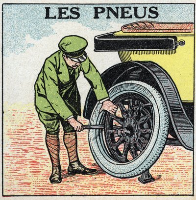 Mechanical traction: the tires of an automobile. Anonymous illustration from 1925. Private collection. by Anonymous Anonymous