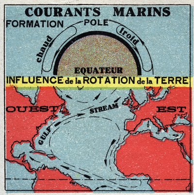 Meteorology: marine currents. Influence of earth rotation. Gulf Stream. Anonymous illustration from 1925. Private collection. by Anonymous Anonymous