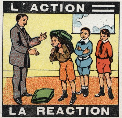 Movements: action, reaction. A boy wearing his bag. Anonymous illustration from 1925. Private collection. by Anonymous Anonymous