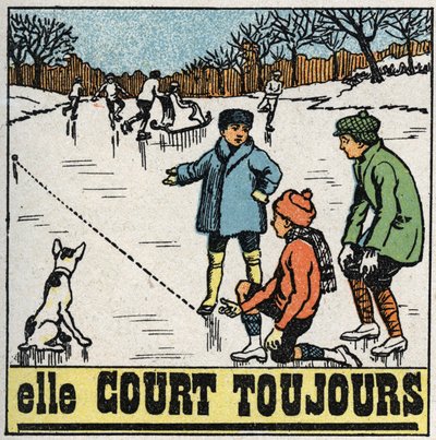 Movements: children playing balls on the frozen ice of a pond in winter. Anonymous illustration from 1925. Private collection. by Anonymous Anonymous