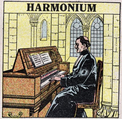 Musical instruments: wind instruments at hip. Harmonium player in a church. Anonymous illustration from 1925. Private collection. by Anonymous Anonymous