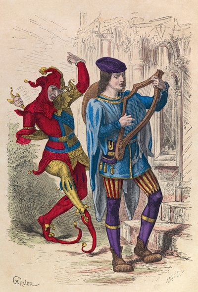 Musician and dancing fool in Paris 14th Century - private collection by Anonymous Anonymous