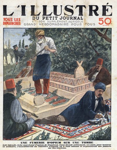 Opium fumery on a tomb: Zeki Effendi, a wealthy opium merchant from Istanbul, suddenly died, his friends, to honour his memory, gathered at Eyoub cemetery to organize a fumery on his tomb. Print on the headline of L
