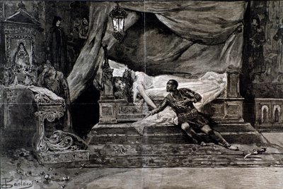 Otello kills himself near the body of Desdemona. Illustration of the last scene of Otello, opera by Giuseppe Verdi by Anonymous Anonymous