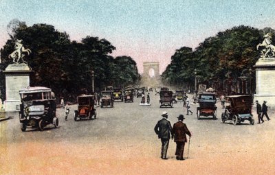 Paris: traffic on the Avenue des Champs Elysees (Champs-Elysees) seen from Place de la Concorde with the Arc de Triomphe in the background. On the odds, Marly