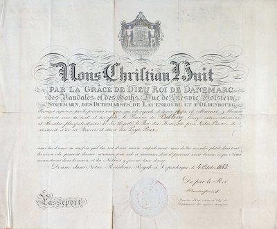 Passport by King of Denmark Christian VIII dates from 1845 by Anonymous Anonymous