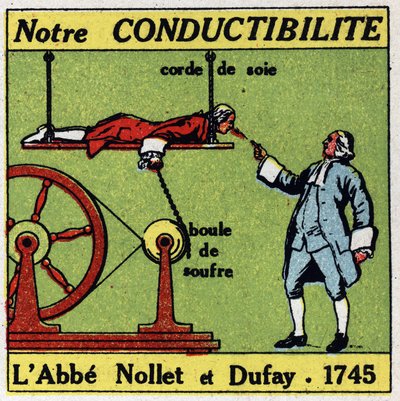 Physiological effects of electricity: experiment of Abbe Jean Antoine Nollet (1700-1770) and Charles Francois Du Fay (1698-1739) in 1745 on the conductivity of the human body. Anonymous illustration from 1925. Private collection. by Anonymous Anonymous