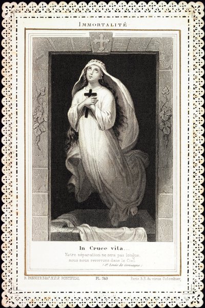 Pious image: Immortality, In cruce vita. Card of deces dentelee. 19th century Private collection by Anonymous Anonymous