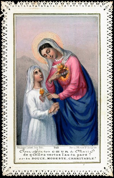 Pious image: Little girl in communion dress offering her heart to the Virgin Mary. 