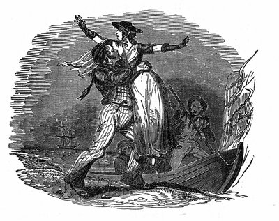 Pirate Charles Gibbs takes a Dutch girl from his ship (early 19th century). Engraving from The Pirate