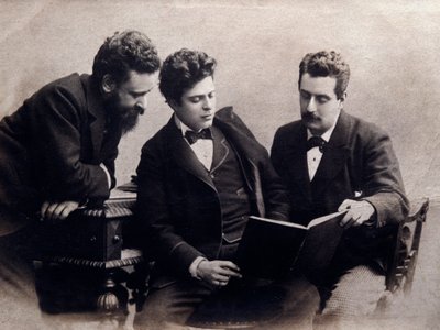 Portrait of Alberto Franchetti, Pietro Mascagni and Giacomo Puccini, Italian composers (Photograph, 1900 ca. Private collection) by Anonymous Anonymous
