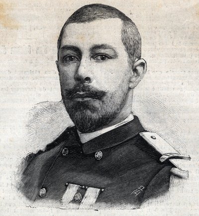 Portrait of Antoine Mizon, French explorer in Africa. Engraving in 