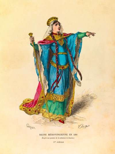 Portrait of a Merovingian Queen in 480 AD (engraving) - private collection by Anonymous Anonymous