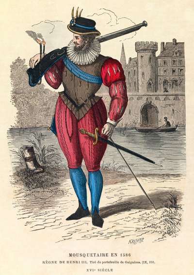 Portrait of a Musketeer in 1586 in Paris (under the Reign of King Henry III), Engraving, Private Collection by Anonymous Anonymous