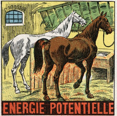 Potential energy: horses resting in a stable. Anonymous illustration from 1925. Private collection. by Anonymous Anonymous