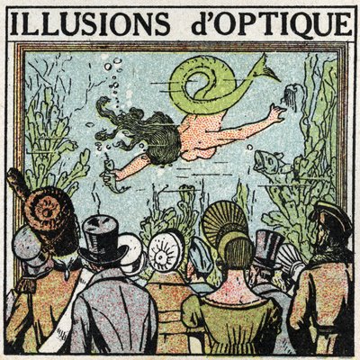 Reflection of light: optical illusion. Using an ice cream to give the illusion of a woman fish. Anonymous illustration from 1925. Private collection. by Anonymous Anonymous