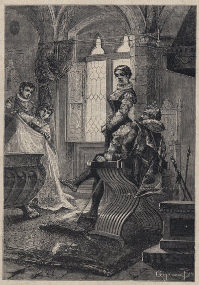 Rodrigo Borgia surrounded by his children in the house of Vannozza Cattanei - engraving from 