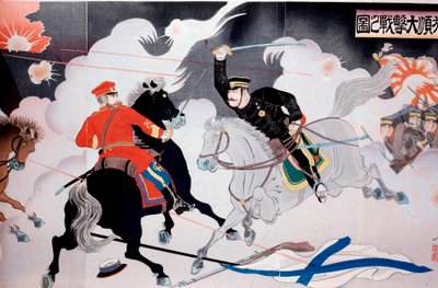 Russo-Japanese War: Japanese print depicting the battle of two horsemen by Anonymous Anonymous