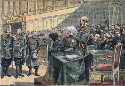 Russo Japanese War: Epilogue of the siege of Port Arthur. Conviction of General Stoessel, General Fock was reprimanded and Generals Reiss and Smyrnoff acquitted. Engraving from the newspaper Le Petite Parisien by Anonymous Anonymous