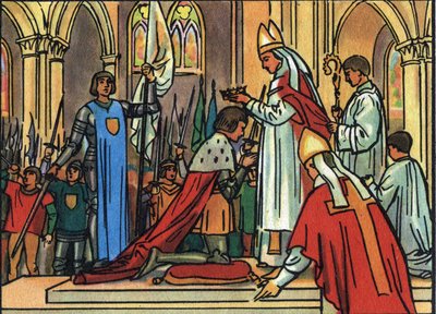 Sacred King Charles VII (1422-1461) by the Archeveque of Reims on 17/07/1429 in the presence of Joan of Arc (1412-1431). Anonymous illustration in Collection des souverains et chefs d