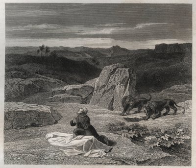 Saint Anthony the Great Buried Saint Paul of Thebes in the Desert. Engraving from 1846 in 