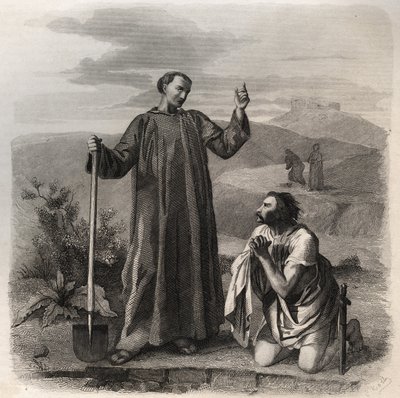 Saint Benedict of Nursia Welcoming Totila, King of the Ostrogoths. Engraving from 1846 in 