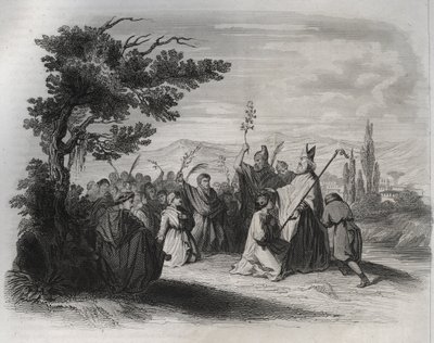 Saint Hilaire de Poitiers (310-368) returning from exile. Engraving from 1846 in Lives of the saints. Private collection by Anonymous Anonymous